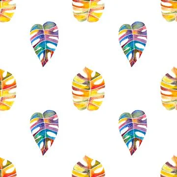 Seamless pattern of multicolored monstera or philodendron leaves, hand drawn 스톡 일러스트