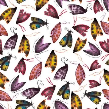 Seamless pattern of multicolored moths hand painted watercolor illustrations Illustrazione stock