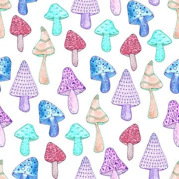 Seamless pattern of multicolored mushrooms isolated on white, hand drawn Illustrazione stock