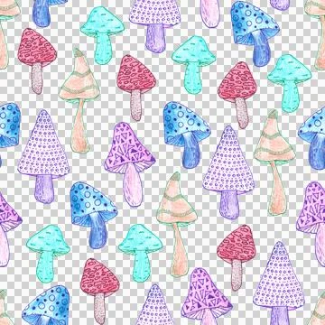 Seamless pattern of multicolored mushrooms isolated on white, hand drawn Stock Illustration