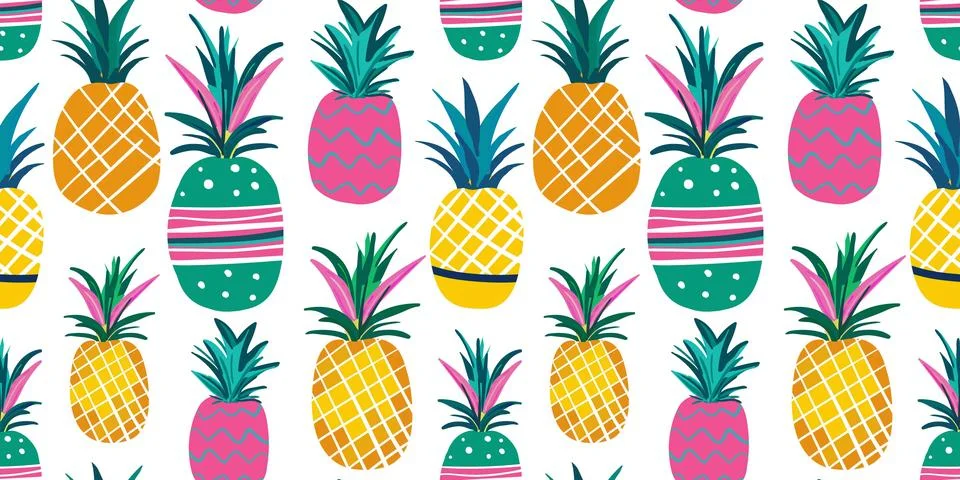 Seamless pattern multicolored pink yellow turquoise neon painted pineapples.. Stock Illustration