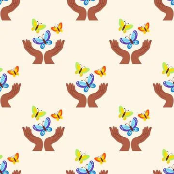 Seamless pattern. Multicolored rainbow butterflies fly out from dark-skinne.. Illustrazione stock
