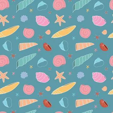Seamless pattern with multicolored seashells on a blue background. Wallpaper, Stock Illustration