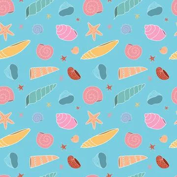 Seamless pattern with multicolored seashells on a blue background. Wallpaper, Illustrazione stock
