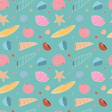 Seamless pattern with multicolored seashells on a green background. Wallpaper Stock Illustration