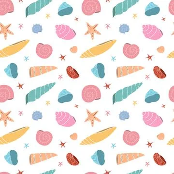 Seamless pattern with multicolored seashells on a white background. Wallpaper Stock Illustration