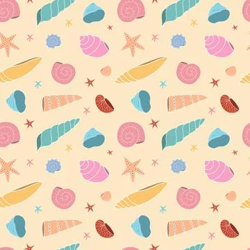 Seamless pattern with multicolored seashells on a yellow background. Wallpape Illustrazione stock