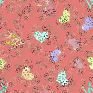 Seamless pattern of multicolored small and large hearts on salmon background Illustrazione stock