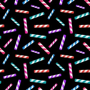 Seamless pattern with multicolored striped candy sticks on a black background Stock Illustration