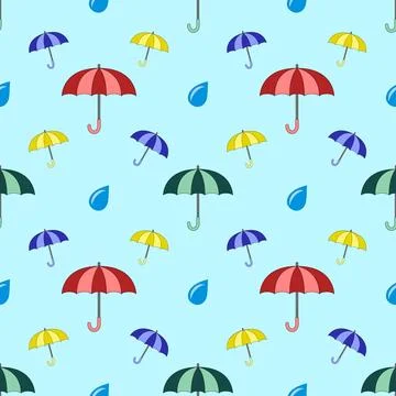 Seamless pattern of multicolored umbrellas with drops on background Stock Illustration