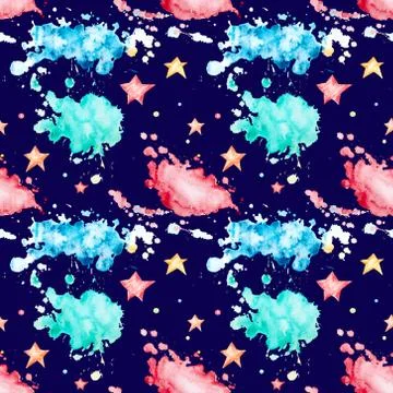 Seamless pattern with multicolored watercolor blots and stars. Stock Illustration