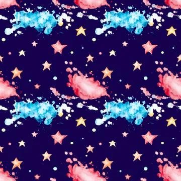 Seamless pattern with multicolored watercolor blots and stars. Stock Illustration