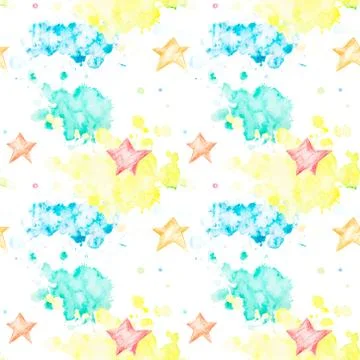 Seamless pattern with multicolored watercolor spots and stars.. Stock Illustration