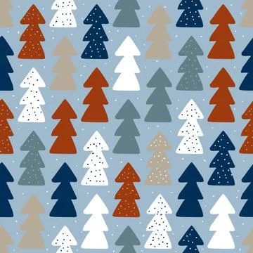 Seamless pattern with a multicolored winter forest of fir trees. Illustrazione stock