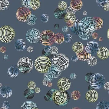 Seamless pattern of multicolored wireframe spiral balls on gray background. 스톡 일러스트