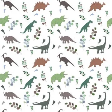 Seamless pattern with multicolors dinosaurs and bright leaf on the white back Stock Illustration