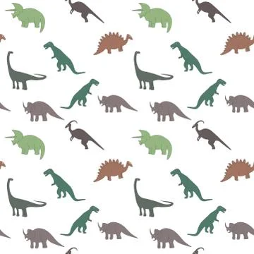 Seamless pattern with multicolors dinosaurs and bright leaf on the white back Stock Illustration