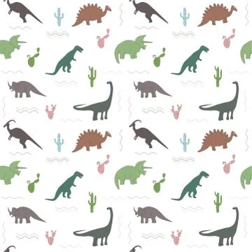 Seamless pattern with multicolors dinosaurs and bright leaf on the white back Stock Illustration