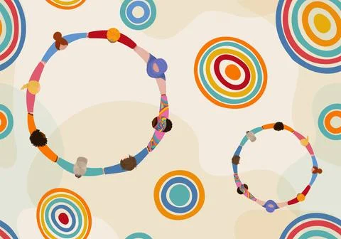 Seamless Pattern of Multicultural People Holding Hands in a Circle. Aerial view Stock Illustration