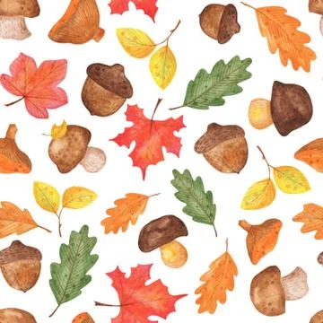 Seamless pattern of  mushroom, acorns and leaves Illustrazione stock