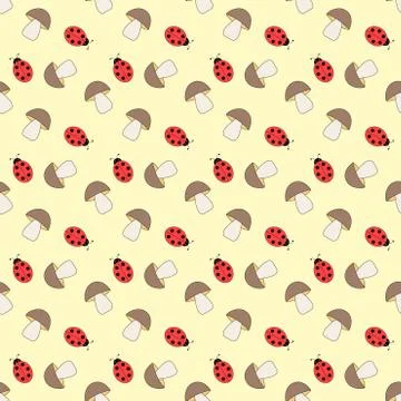 Seamless pattern with mushroom and ladybug on yellow background.  Baby cartoo Stock Illustration