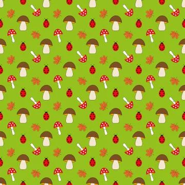 Seamless pattern with mushroom and ladybug on yellow background.  Baby cartoo Stock Illustration