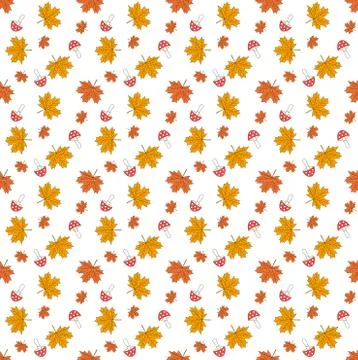 Seamless pattern with mushroom and Maple leaves on white background.  Baby ca Illustrazione stock