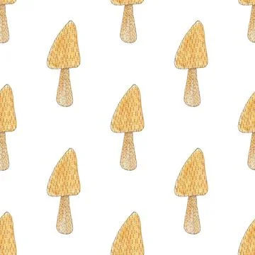 Seamless pattern of mushroom, hand drawn with watercolor and pen on white Illustrazione stock