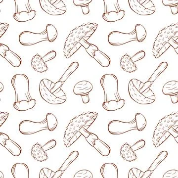 Seamless pattern with mushroom in line art style on white background. Trumpet Stock Illustration