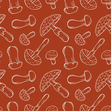 Seamless pattern with mushroom in line art style on red background. Trumpet, Fly 스톡 일러스트