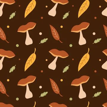 Seamless pattern with mushrooms and leaves on a brown background. Autumn. Cloth Stock Illustration