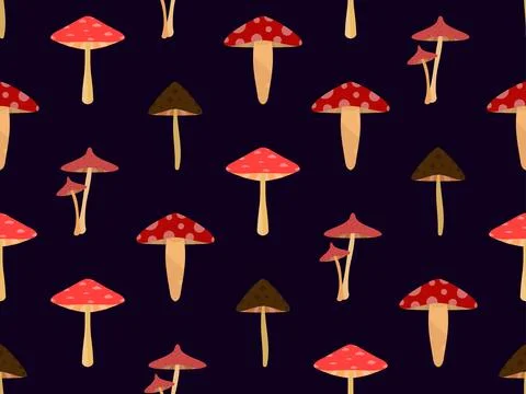 Seamless pattern with mushrooms on black background. Various mushrooms, edibl Stock Illustration