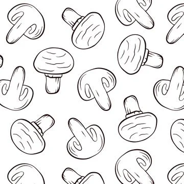 Seamless pattern of mushrooms champignon in line art style. Decorative backdrop Stock Illustration
