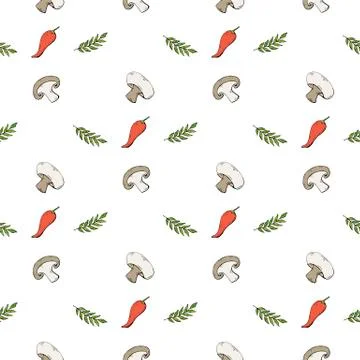 Seamless pattern with mushrooms champignons and green herbs and red papper Stock Illustration