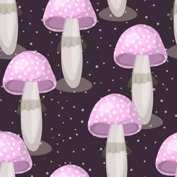 Seamless pattern with mushrooms on color background. Cute fairy mushroom. Modern Stock Illustration