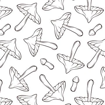 Seamless pattern of mushrooms Deadly webcap in line art style. Decorative Stock Illustration