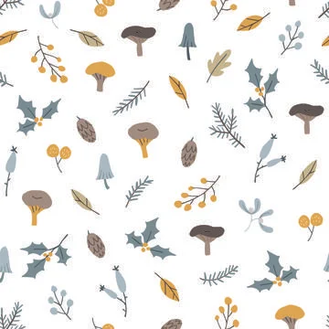 Seamless pattern with mushrooms, holly and berries. Pine cones, colorful autumn Stock Illustration