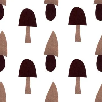 Seamless pattern of mushrooms paper collage on white background Stock Illustration