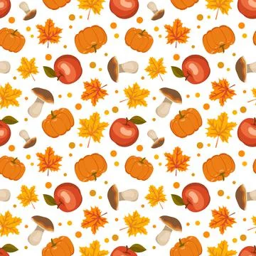 Seamless pattern with mushrooms, pumpkins, apples and maple leaves Illustrazione stock