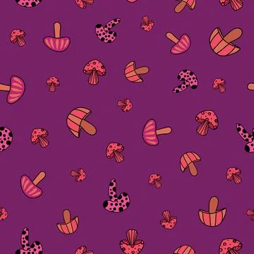 Seamless pattern of mushrooms on purple background Stock Illustration