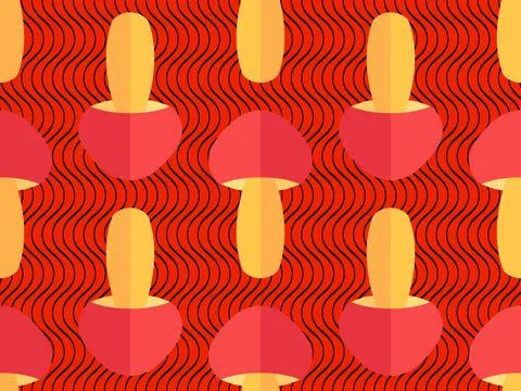 Seamless pattern with mushrooms on a red background with black wavy stripes.. Illustrazione stock