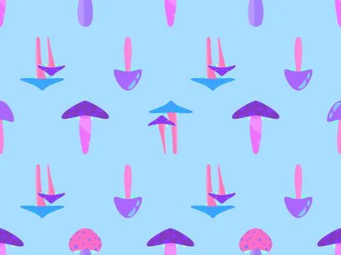 Seamless pattern with mushrooms. Various mushrooms. Wallpaper with purple and Stock Illustration