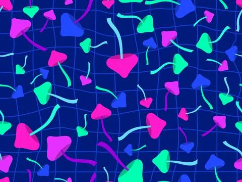 Seamless pattern with mushrooms on a wavy grid. Background with mushrooms a.. Stock-Illustration