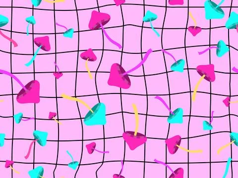 Seamless pattern with mushrooms on a wavy grid. Background with mushrooms a.. Illustrazione stock