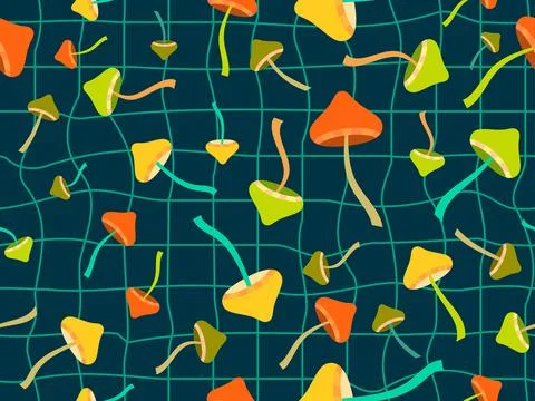 Seamless pattern with mushrooms on a wavy grid. Background with mushrooms a.. Illustrazione stock