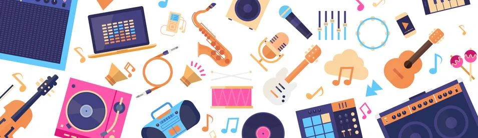 Seamless Pattern Music Instruments And Equipment Electronics Icons Illustrazione stock