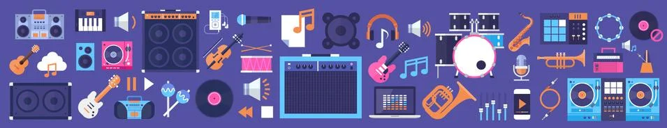 Seamless Pattern Music Instruments And Equipment Electronics Icons Stock Illustration