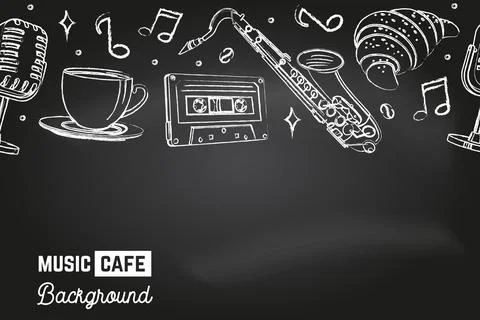 Seamless pattern with music instruments and coffee cup for music cafe, bar, pub Stock Illustration