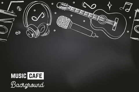 Seamless pattern with music instruments and coffee cup for music cafe, bar, pub Stock Illustration