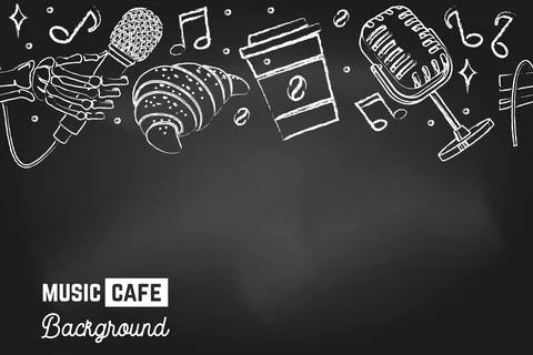 Seamless pattern with music instruments and coffee cup for music cafe, bar, pub Stock Illustration